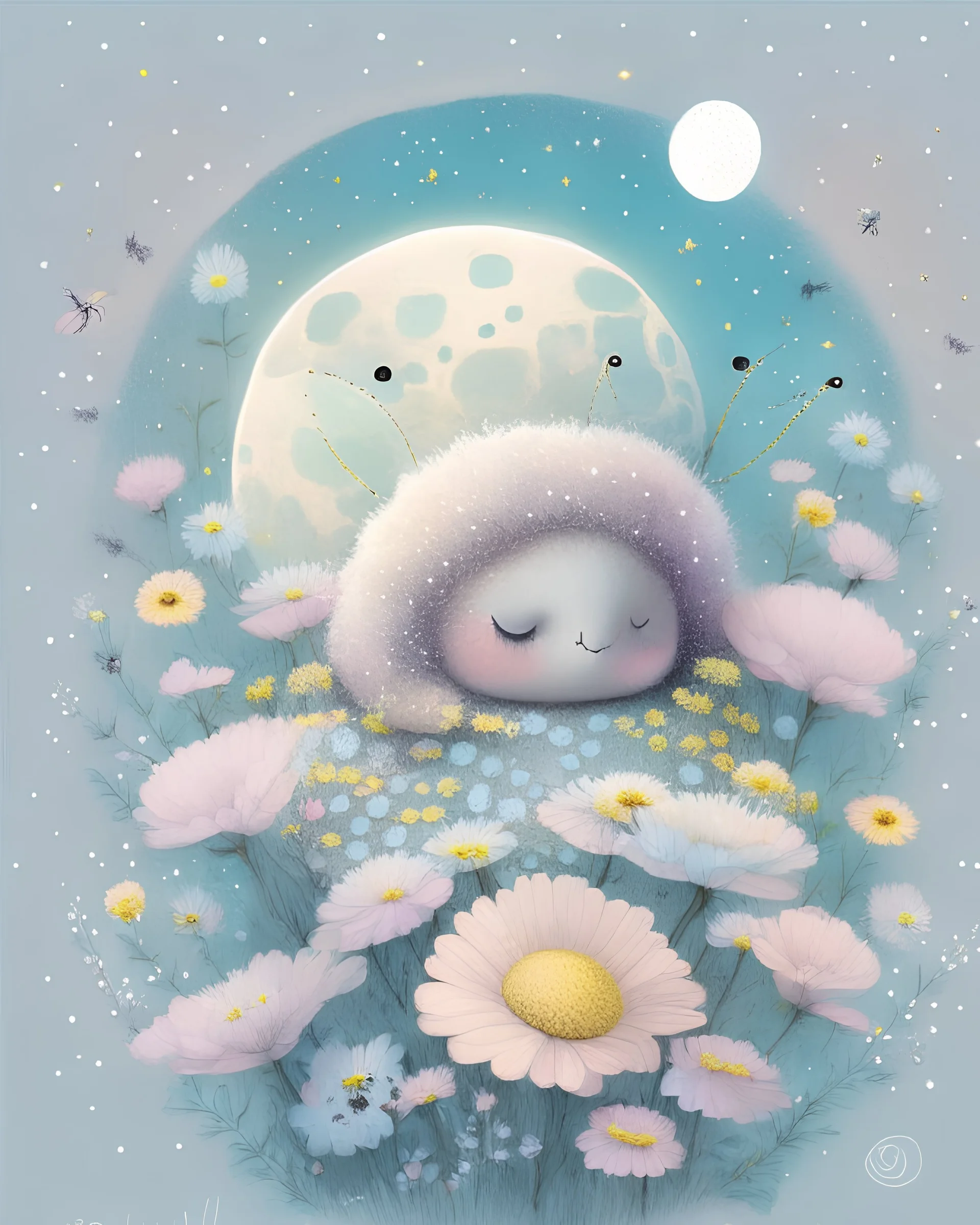 Cute fuzzy bee monster sleeping in flowers, butterfly wings and snail ears. Holding moon in a hand. Soft pastel colours. In empty space with dots and flowers. Portrait white