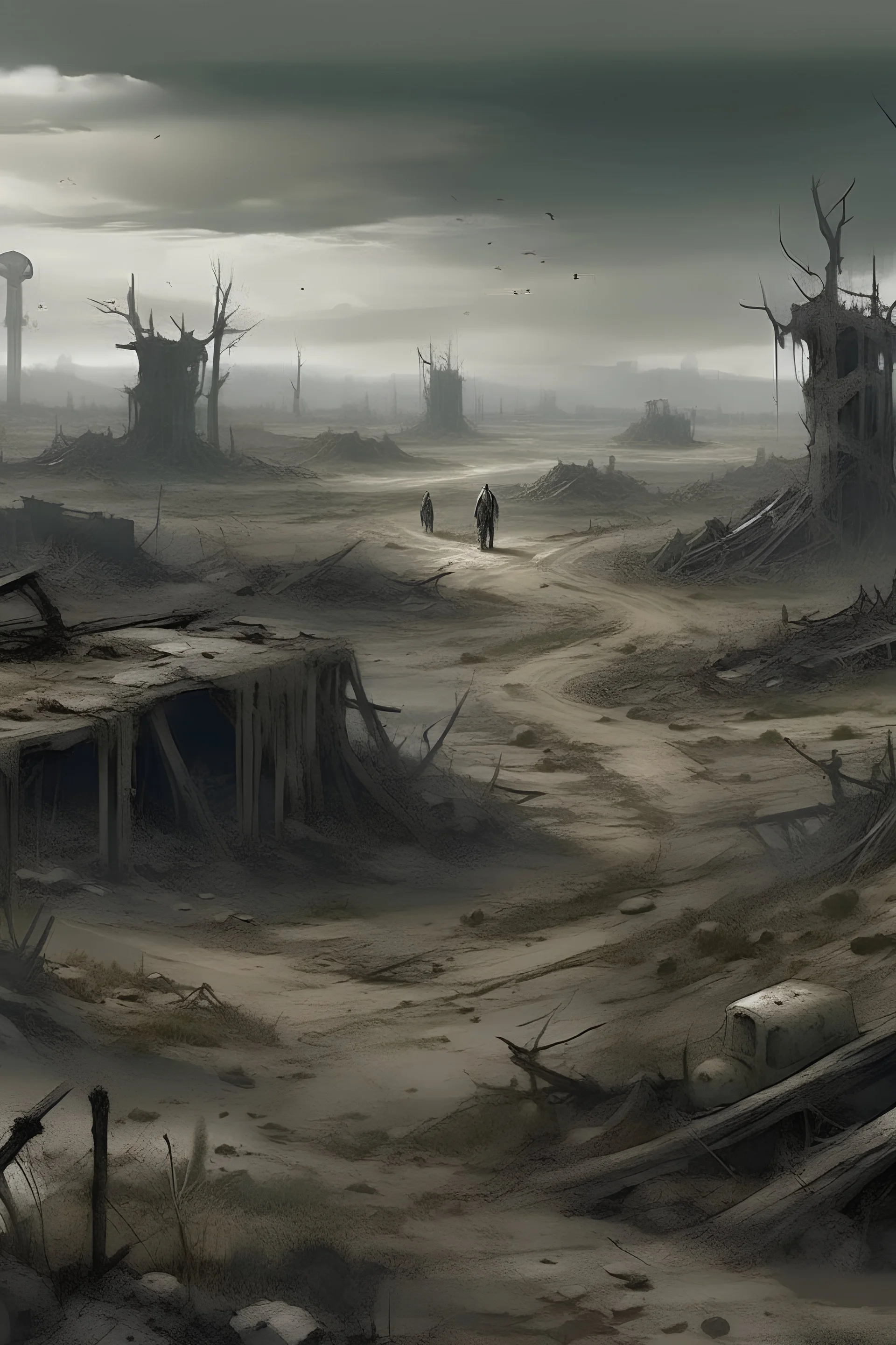 dystopian Decrepit landscape, rotting land, war, decaying fields, misery, a dying world war famine drugs bottom feeding humanoids post apocalyptic violent