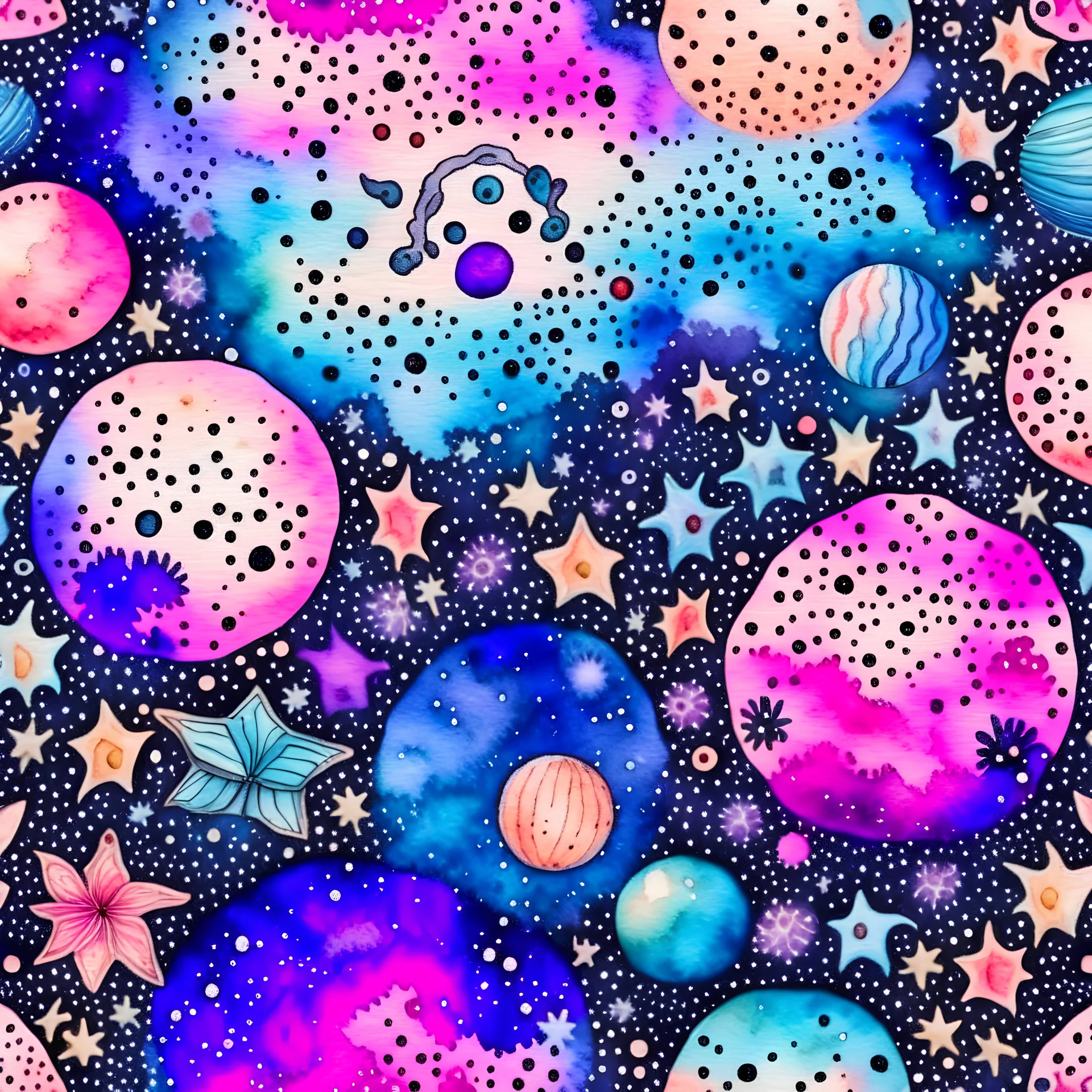 watercolor watercolor pattern space with planets, stars and butterflies, in the style of y2k aesthetic, soft and dreamy depictions. --style raw