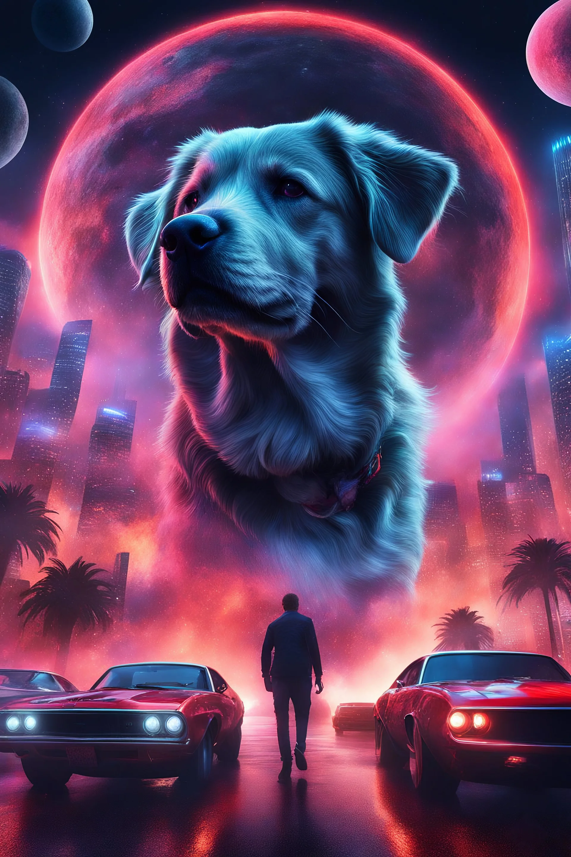 Dog Soldiers of the Apocalypse, cosmic clouds, neon cityscape, muscle cars, planets, moons, stars, cosmic vortex, bright red, every color in the rainbow, 4k, 8k, 16k, 32k. 100k UHD, extremely detailed skin texture, hyper-realistic, photorealistic, Realism Engine, EpicPhotoGasm, Realistic Vision V51