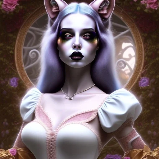 portrait of a goth Alice in Wonderland and the Chesire Cat, 8k resolution, high-quality, fine-detail, color, intricate, realistic, sharp, crisp, digital art, detailed matte, volumetric lighting, illustration, octane render, brian froud, howard lyon, Anne Dittman, Anne Stokes, Lisa Parker, Selina French