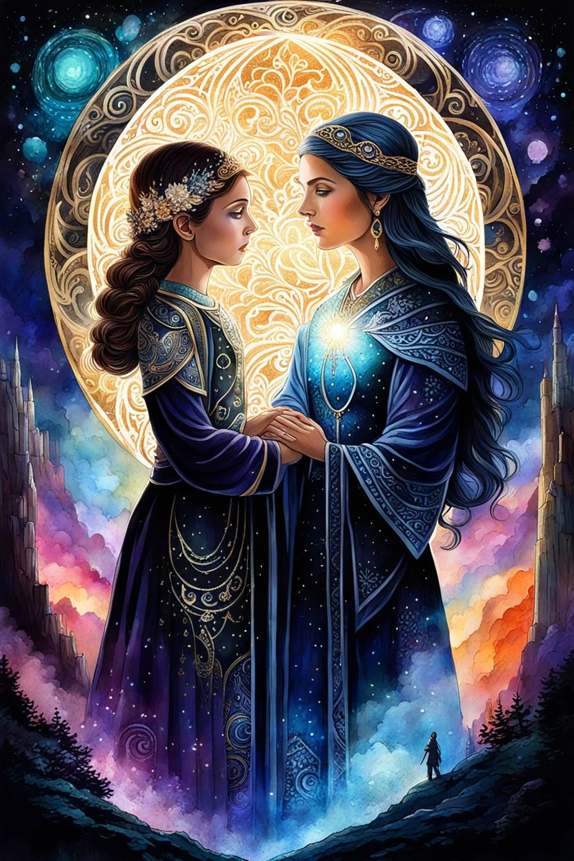 a younger girl and her older mother in an mystic of eight shining, glittery shadows shape, etheral, generations, love, embracing each other, touching, mystic relationship, expressive illustration of the mother-daughter relationship detailed matte painting, deep color, fantastical, intricate detail, splash screen, fantasy concept art, Gouache Style, Watercolor, Epic, Masterpiece, Thick Brush Strokes, Impasto Gouache, thick layers, Soft muted colors, beautiful details, spiritual design