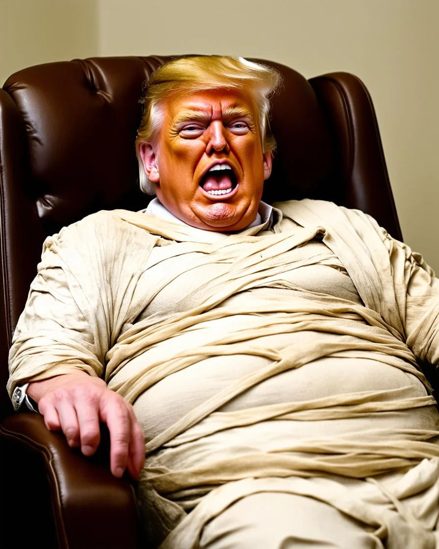 donald trump as a chubby really old decrepit realistic male mummy, blonde hair, leaned over in a brown chair, mouth open