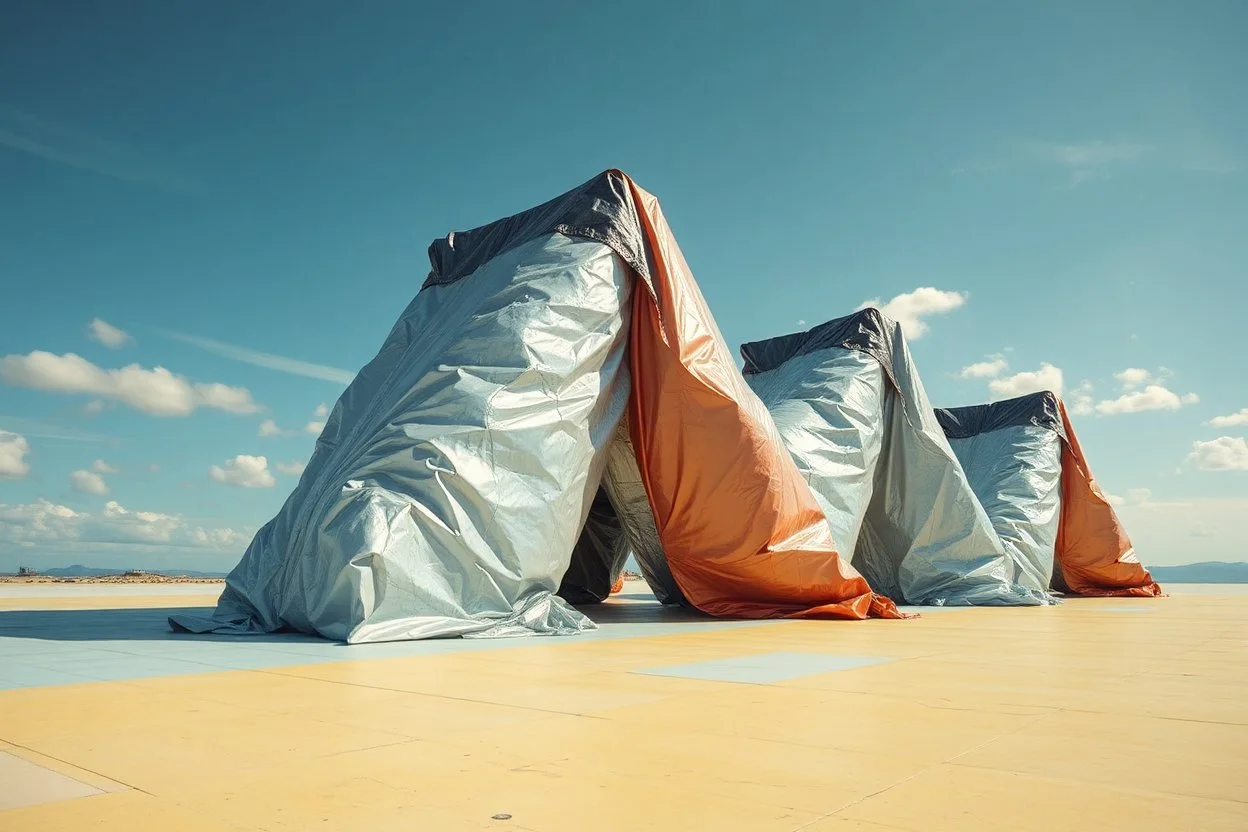 Fotografia di una superficie piatta di colore azzurro chiaro e giallo pastello, su cui si ergono alcuni gigantesche immense enormi strutture di forma indefinita, fatte di materiali vari, ricoperte da materiale plastico argentato, rosso, e nero, che scende a terra. Max Ernst, Amano, Yves Tanguy, Piet Mondrian, James Ensor, paranoic, obsessive, eccessivo, aria aperta, sole, nuvole, glossy, surreal, hasselblad h6d400c --ar 85:128 --v 6.