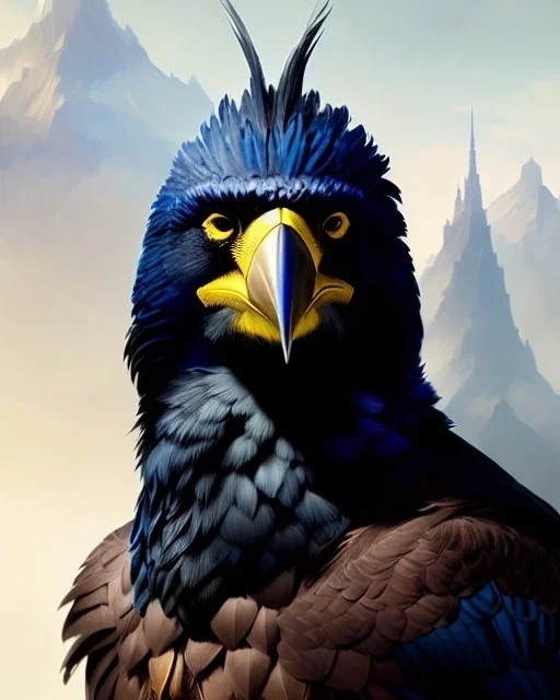 "Kenku male, full-scale head and shoulders portrait, 8k resolution concept art portrait by Greg Rutkowski, Artgerm, WLOP, Alphonse Mucha dynamic lighting hyperdetailed intricately detailed Splash art trending on Artstation triadic colors Unreal Engine 5 volumetric lighting Splash art fantasy"