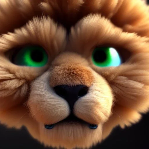 3d fluffy Lion, closeup cute and adorable, cute big circular reflective eyes, long fuzzy fur, Pixar render, unreal engine cinematic smooth, intricate detail, cinematic