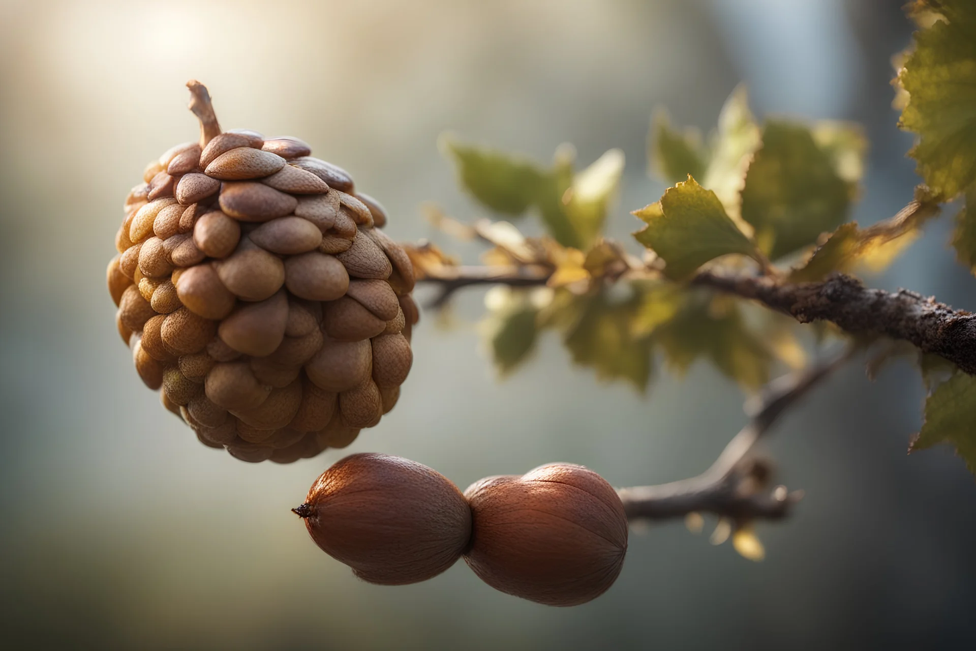 An acorn on the branch, natural volumetric cinematic perfect light, 135mm, photorealistic, no bokeh, good depth of field, award winning photo, beautiful composition, 16k, HDR, sharp focus, masterpiece