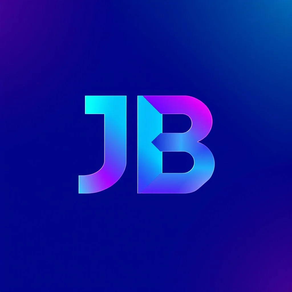 A bold, vibrant, and visually striking color graphic logo for 'JB AI Art' - an innovative AI-powered art and 3D graphics studio. The logo should feature a dynamic, eye-catching visual that combines the initials 'JB' in an abstract, stylized form. Utilize a vibrant, gradient color palette that seamlessly transitions between shades of blue, purple, and teal - evoking a sense of technological sophistication, creativity, and the boundless potential of AI-driven art and design. Incorporate geometric