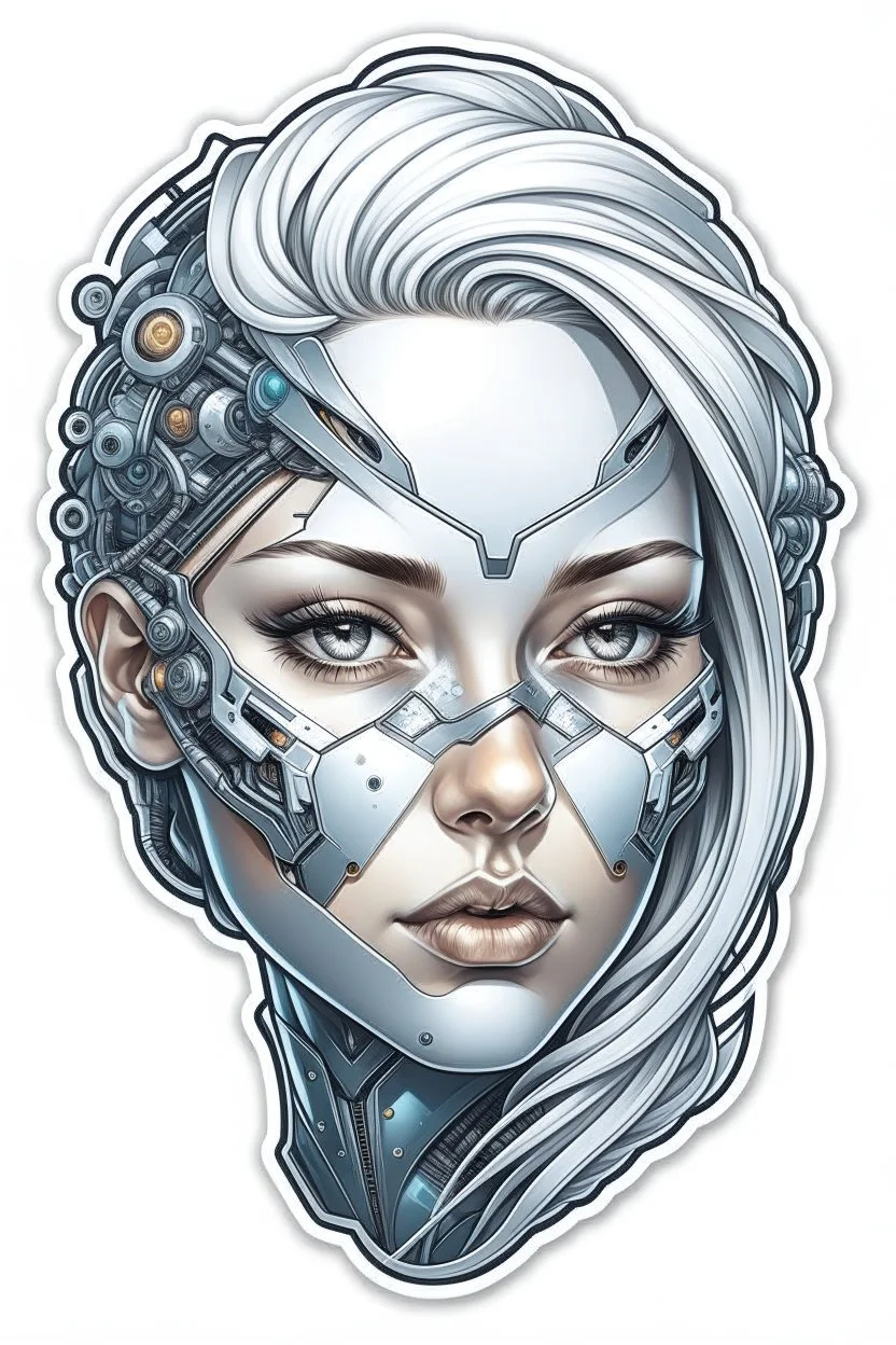 a sticker with a drawing of a woman's face, cyberpunk art inspired by Marco Mazzoni, Artstation, fantasy art, fantasy sticker illustration, intricate digital artwork, cyborg - girl with silver hair