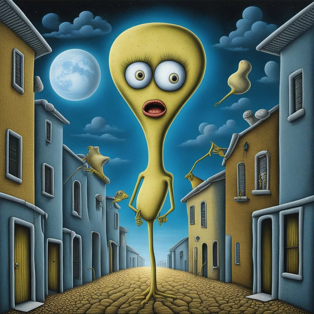 Mr Poopybutthole in a strange town, enhanced surrealism, by Rafal Olbinski, quirky, sinister, creepy