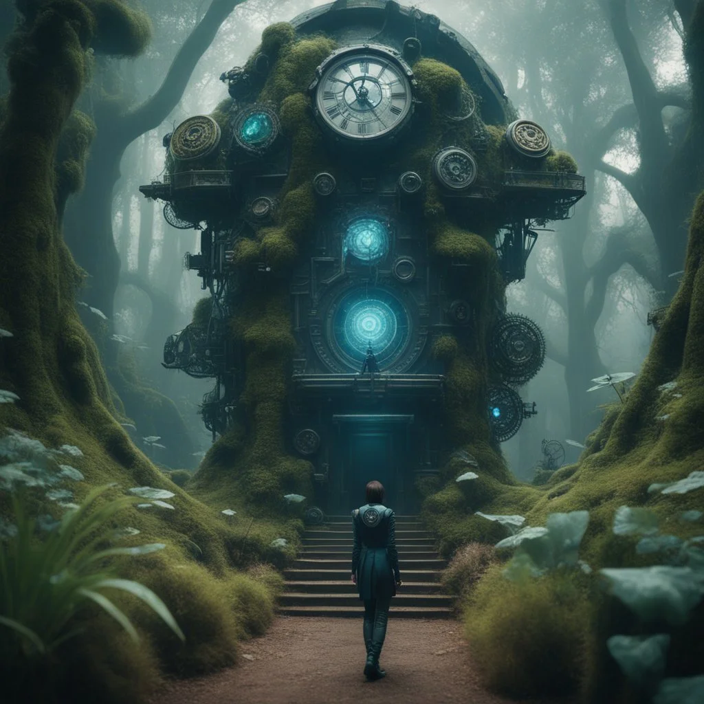 Scene from a modern fantasy live-action movie featuring the "Garden of Practicality", the Clockwork Forest Realm of Ix Chel, Cyberpunk style.