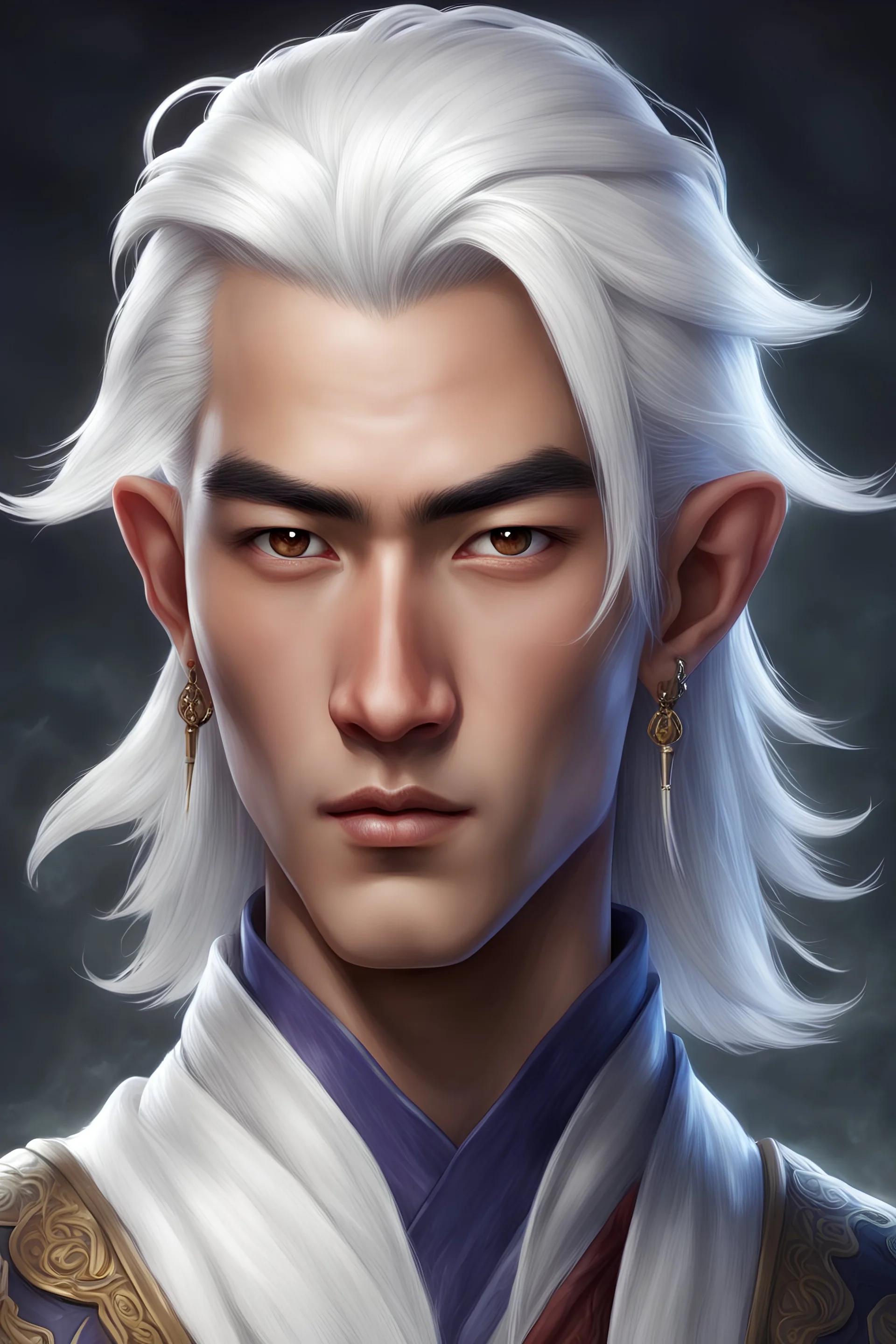 Generate a dungeons and dragons character portrait of the face of a male sorcerer handsome yuan ti. He has white hair and eyebrows. He's 19 years old.