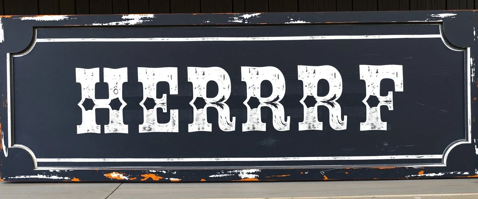 large and wide hand painted old western sign that reads: "SHERRIF" white on black with inset boarder stripe in white aged
