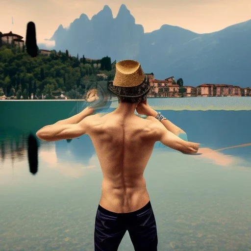 Man from behind is watching on tbe Lake Garda in Italy