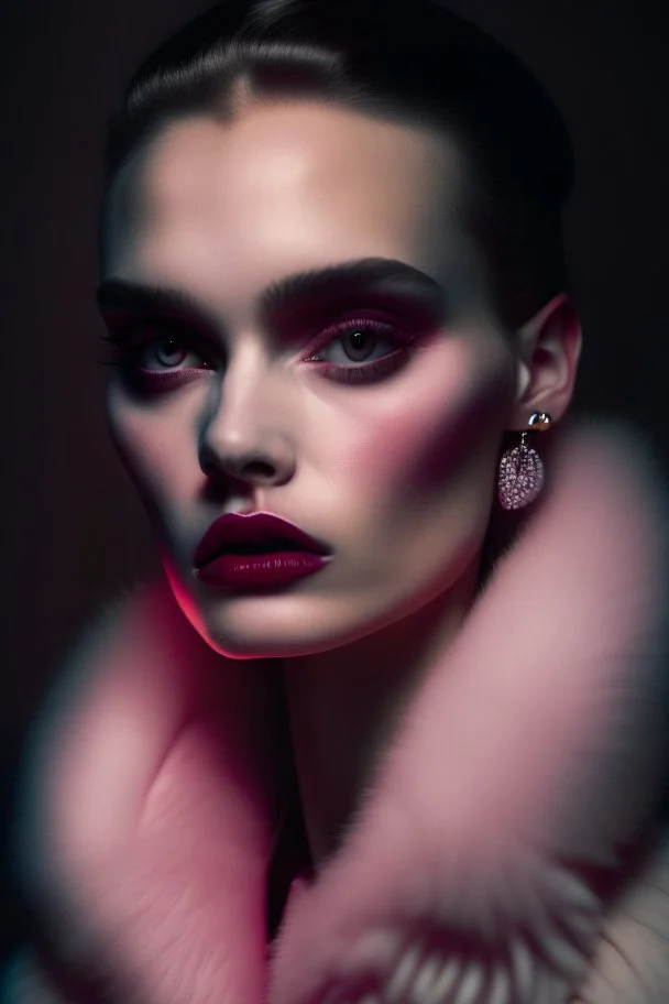 Minimalistic portrait of a beautiful woman with red lips and cold big eyes wearing earrings, a light pink fur coat in a haute couture style isolated on a dark background, cinematic lighting, ultra-realistic, shot in the style of hasselblad