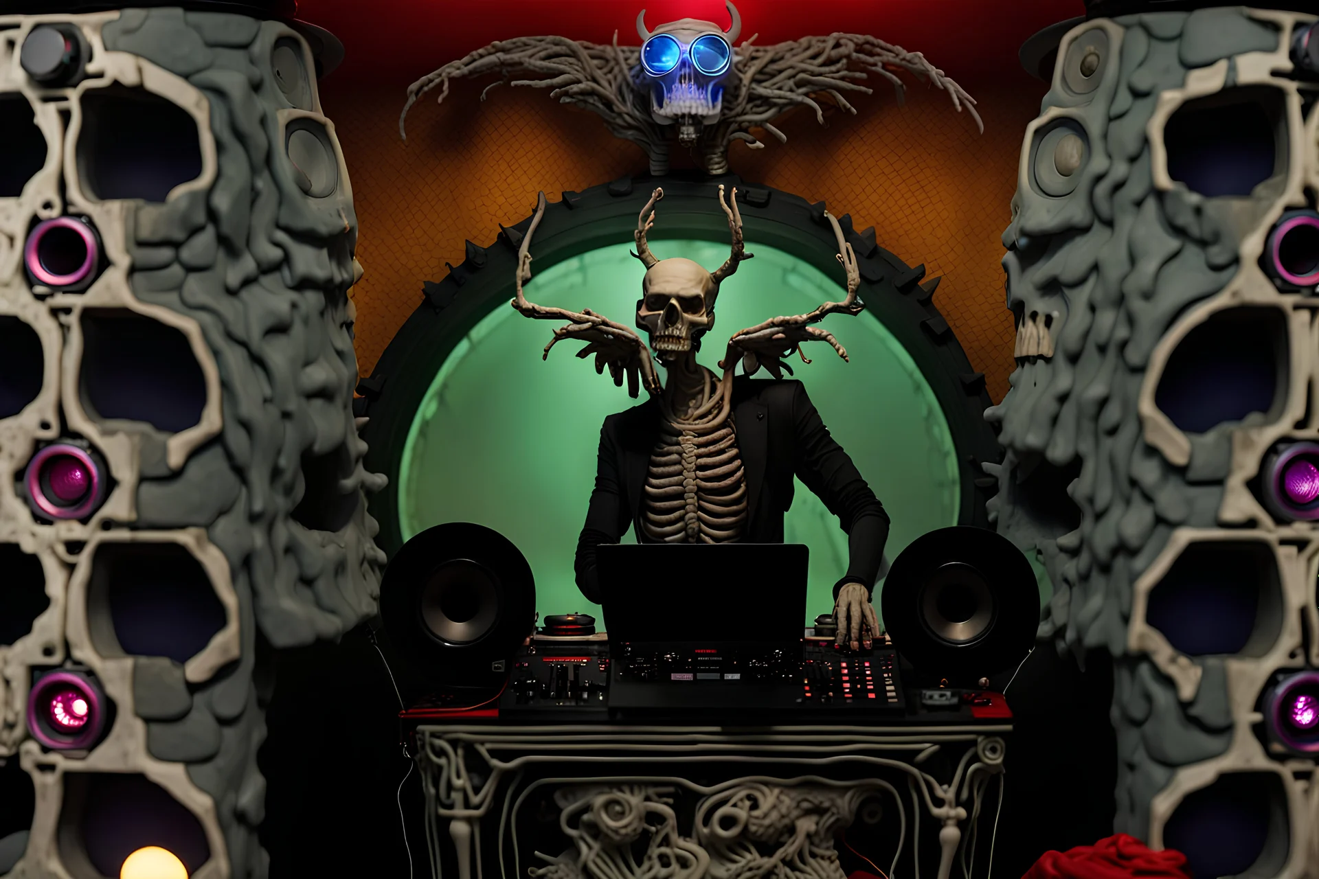 DJ of the damnded, insanely detailed DJ booth in hell, MID set, speakers and equipment made of bone, anatomically correct,