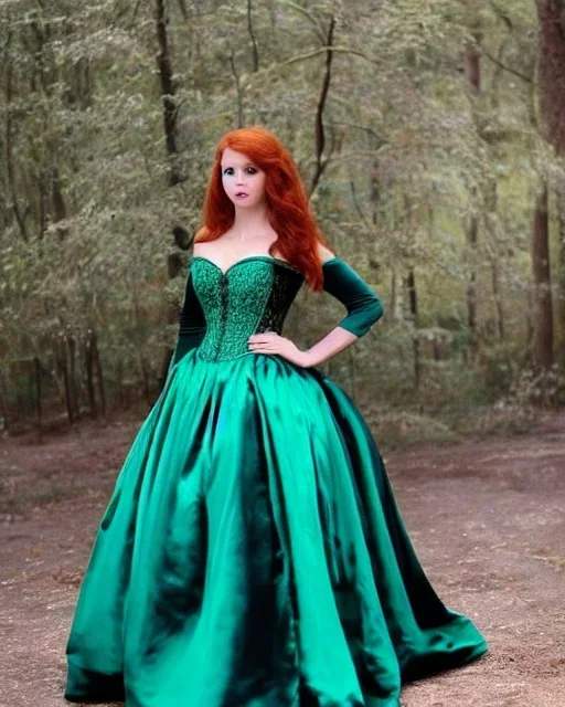 princess with long auburn hair green eyes wearing a big dark teal green and gold satin ballgown corset off shoulder top casting magic full body and head