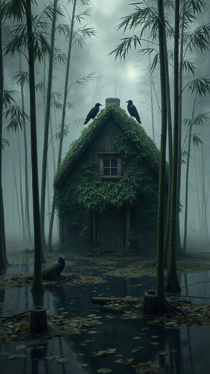 A swamp surrounded by bamboos long trees in cloudy, depressing, foggy, with a dim of light in the distance , there.is an abandoned cottage covered with leaves. A close look of strange scary creature sitting outside the cottage and black crows on the top of the cottage, Bruegel painting style