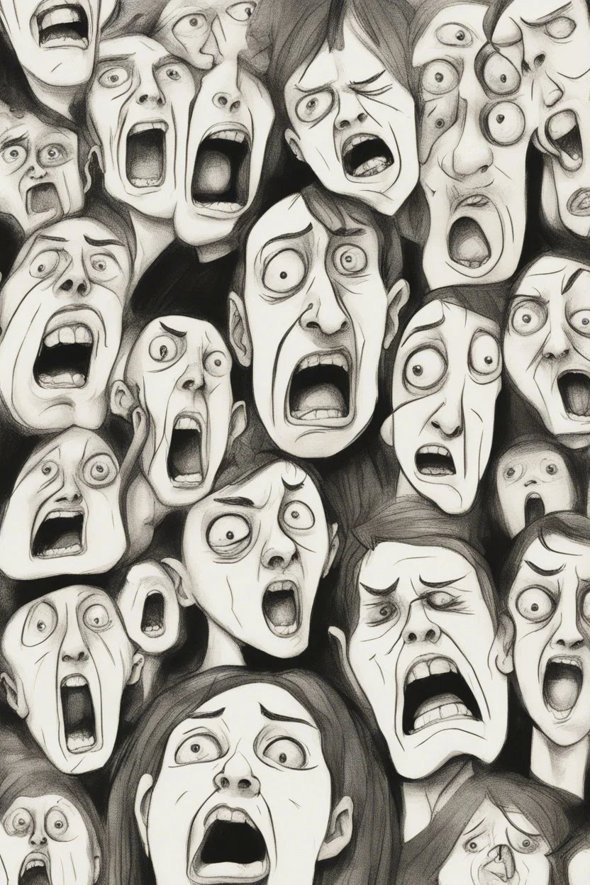sketch of many faces on a pages, screaming and sad, demented, mad, journal