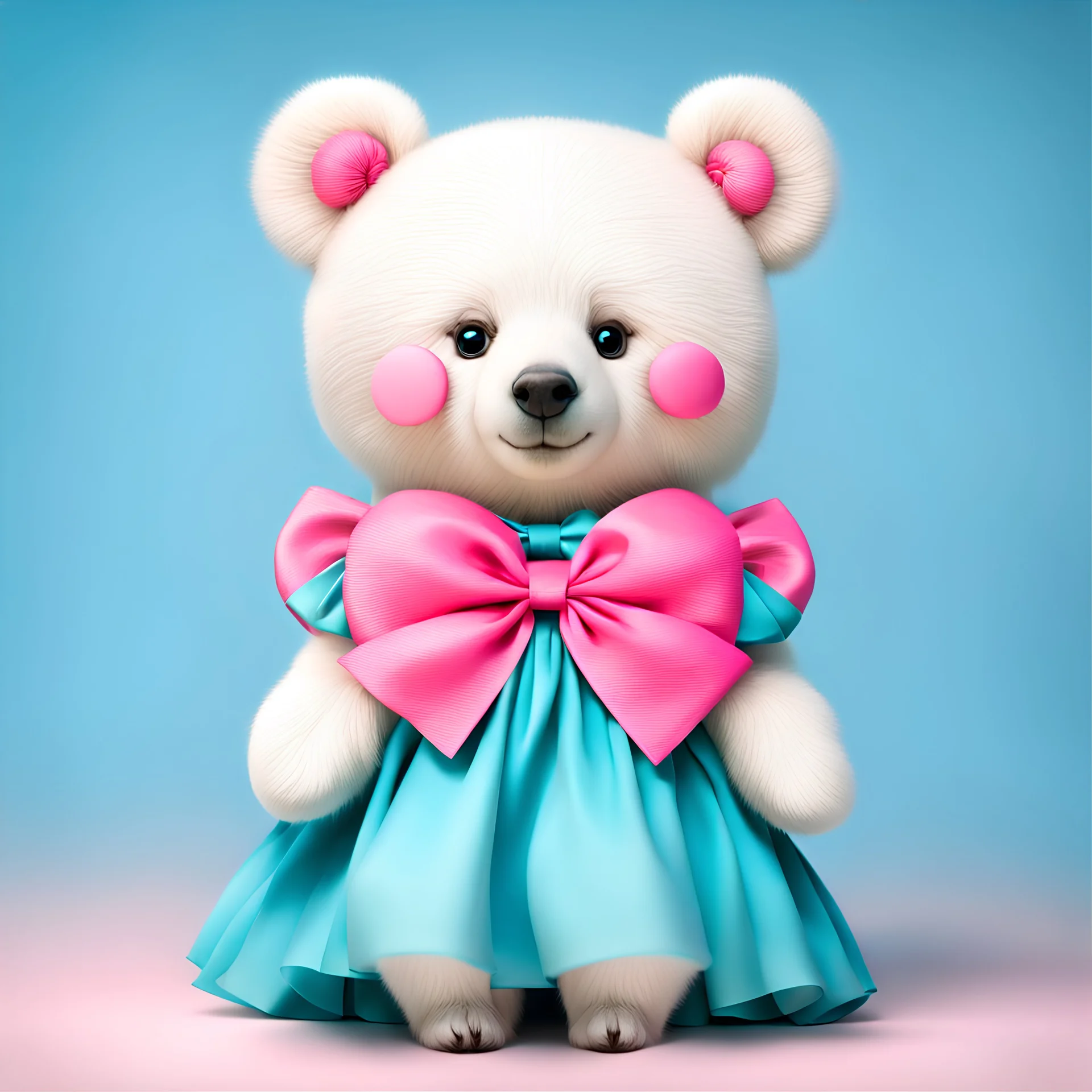 a white bear with pink cheeks, a pink bow behind her head and wearing a cyan blue dress with two white circles