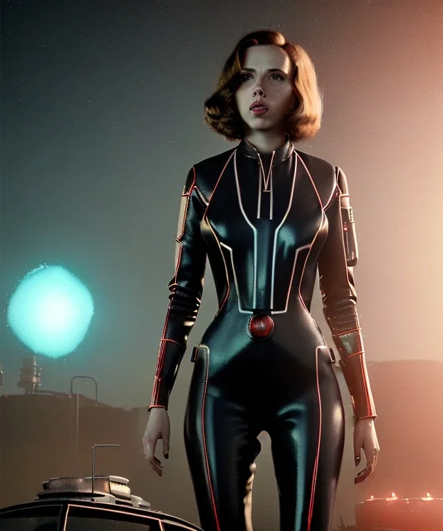 retro sci-fi portrait image from 1960, supermarket parking explosion, fire, classic black widow, young Scarlett Johansson, tight latex suit, soft color, highly detailed, unreal engine 5, ray tracing, RTX, lumen lighting, ultra detail, volumetric lighting, 3d, finely drawn, high definition, high resolution.