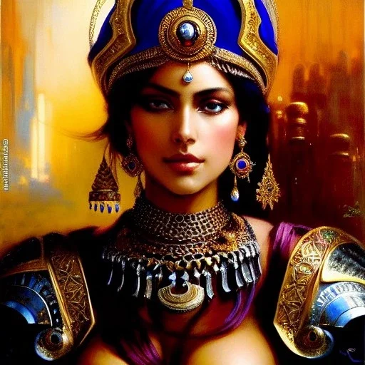 portrait beautiful face queen of Sheba ,busty,medieval metal armor balanciaga fashion clothe painting by gaston bussiere, greg rutkowski, yoji shinkawa, yoshitaka amano, tsutomu nihei, donato giancola, tim hildebrandt, oil on canvas, cinematic composition, extreme detail,fit full head inside picture