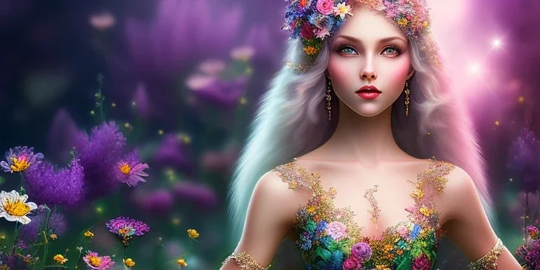 bright fairy, beautiful portrait, flowery landscape