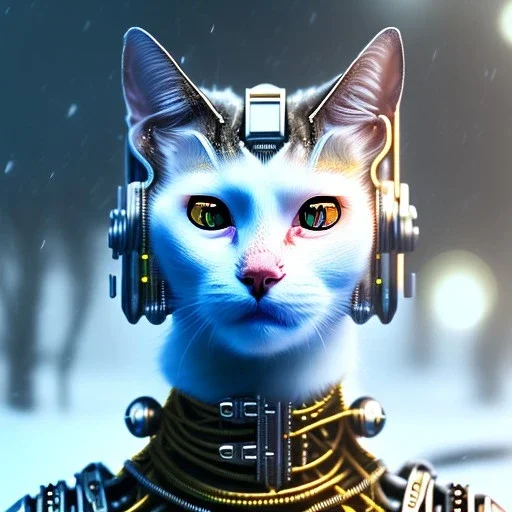 Cyberpunk Portrait of cyborg Scottish cat child with brown hair and with cute face, north pole snowy vibe , perfect composition, hyperrealistic, super detailed, 8k, high quality, trending art, trending on artstation, sharp focus, studio photo, intricate details, highly detailed, by greg rutkowski