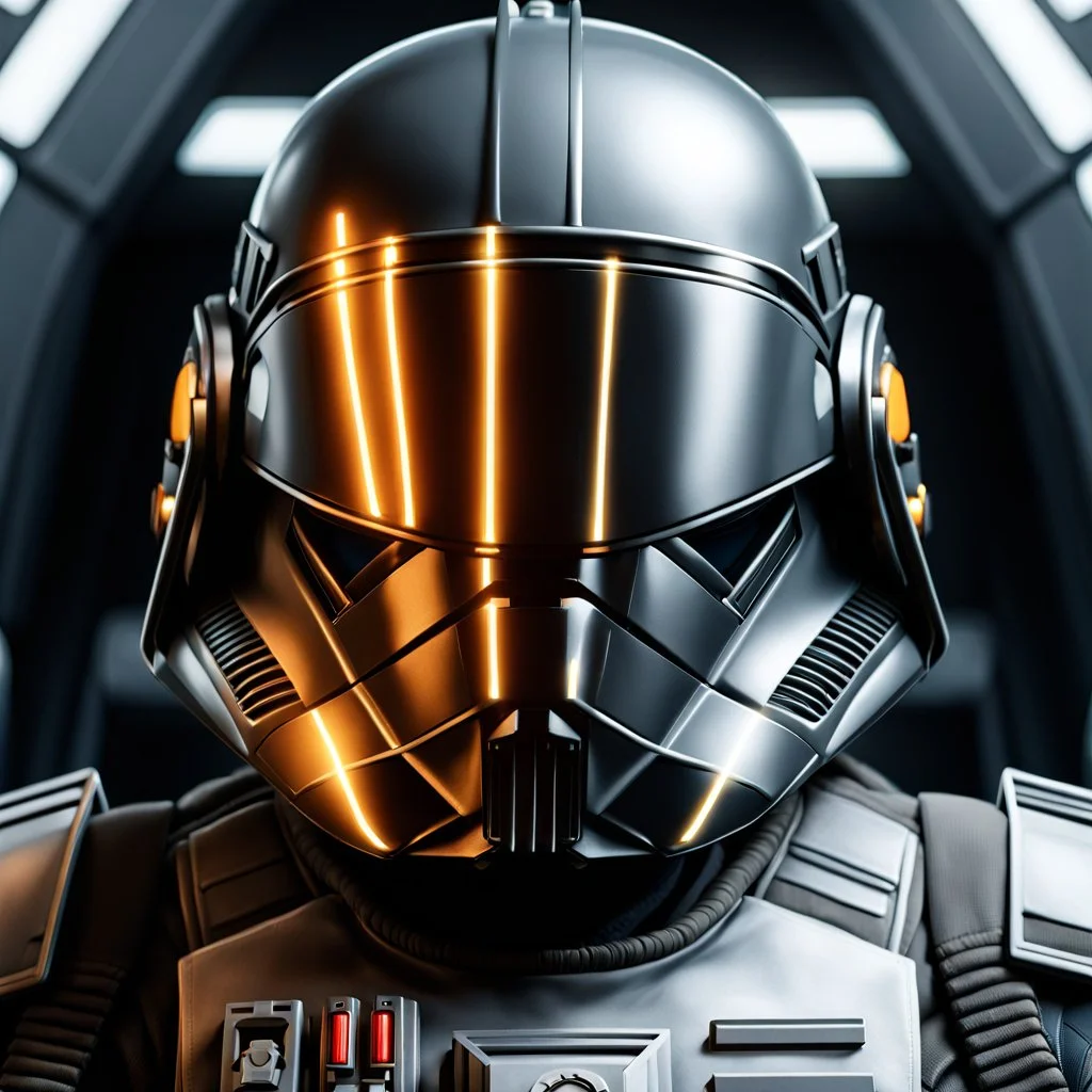 star wars bald male corellian pilot wearing dark gunmetal grey and black First Order special forces TIE pilot armored flightsuit and helmet with gold trim inside the jedi temple, centered head and shoulders portrait, hyperdetailed, dynamic lighting, hyperdetailed background, 8k resolution, volumetric lighting, light skin, fully symmetric details