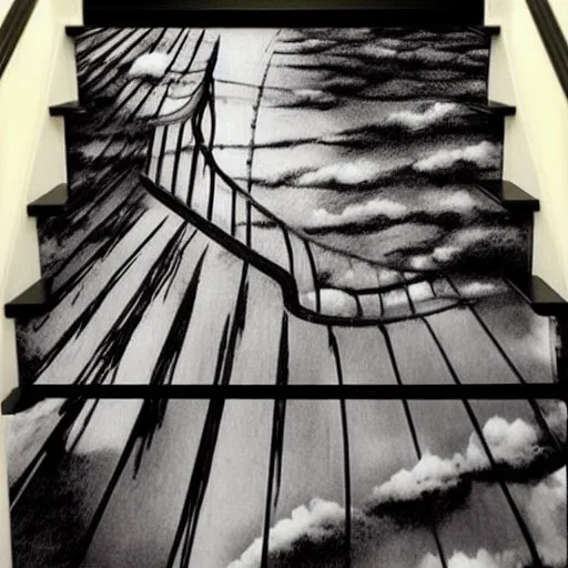 float into my dreams my nightmares and twisted things, dark side of me, staircase, depths despair, anime, girl walking down stairs, clouds, darkness