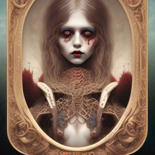 singer Danish MØ face, style surrealism by <Mark Ryden>, blood, hair guts, darkred tones,