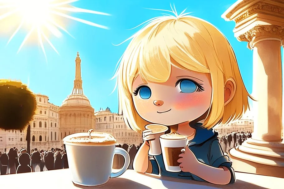 contented cute blonde blue eyed chibi girl drinking coffee in Rome in sunshine