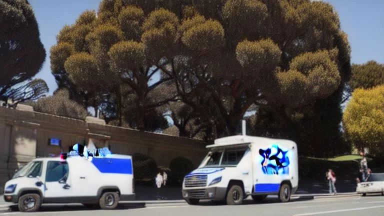 A police Tesla Cybertruck is chasing a Tesla 'Model S Plaid' at top speed, across the 'Golden Gate Park', in San Francisco. CINEMATIC. WIDE ANGLE LENS. PHOTO REAL.