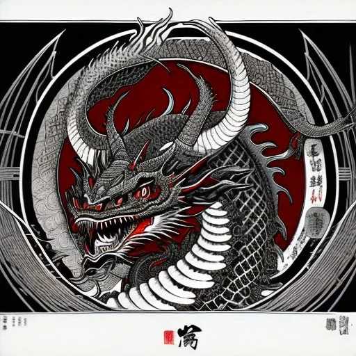 Ukiyo-e styled art, black and white picture with a red dragon