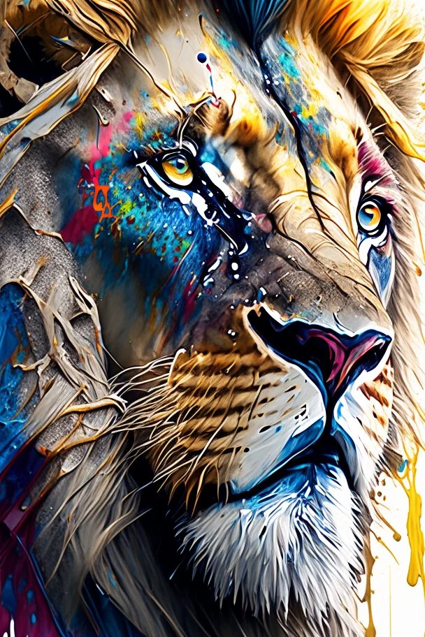 "lion", clean design, epic Instagram, art station, splash of colorful paint, contour, ((solid white background)), closeup, looking into camera, hyperdetailed intricately detailed, unreal engine, fantastical, cinema lighting, intricate detail, splash screen, complementary colors, fantasy concept art, 8k resolution, DeviantArt masterpiece, watercolor, paint dripping