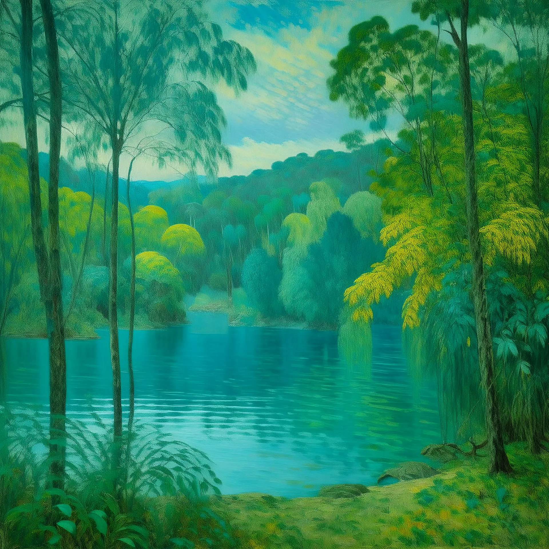 A turquoise jungle with a lake painted by Alfred Sisley