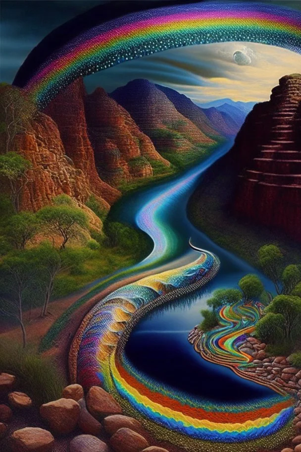 Dreaming Dreamtime Everywhen world-dawn ancestral past ancestral present unfixed in time abiding events serpent rainbow flat earth heavy rainstorms hills gorges creeks rivers