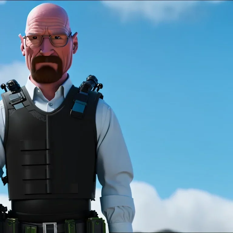 Walter White cyborg, 8k, tactical vest, helmet, gun.