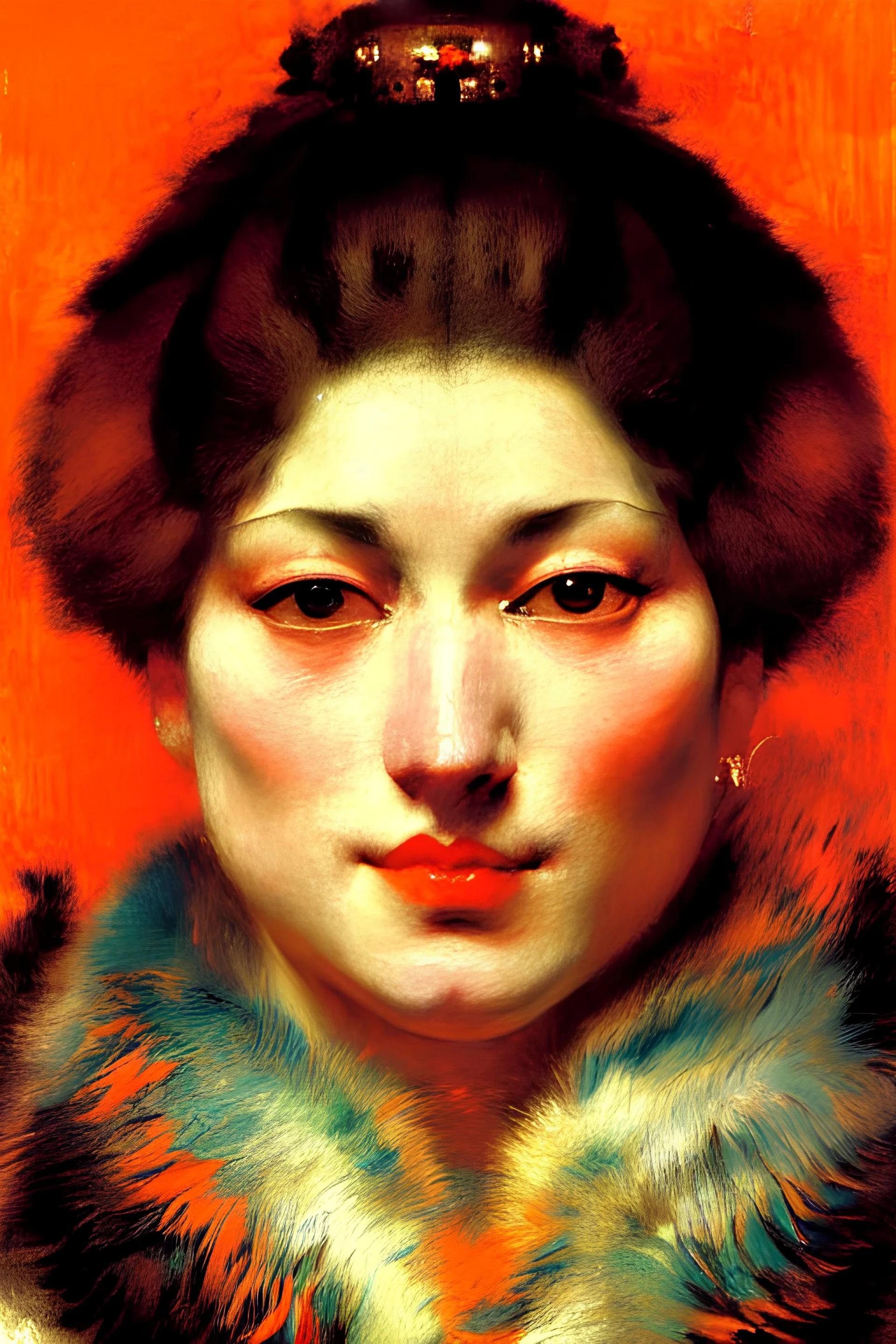 Fur-covered woman portrait painting by Anders Zorn by Bottecelli by Titian by Renoir shin hanga WLOP backlit dynamic lighting hyperdetailed intricately detailed Splash art trending on Artstation triadic colors Unreal Engine 5 volumetric lighting Jordan Grimmer orange and teal Moebius anime art deco abstract airbrush art