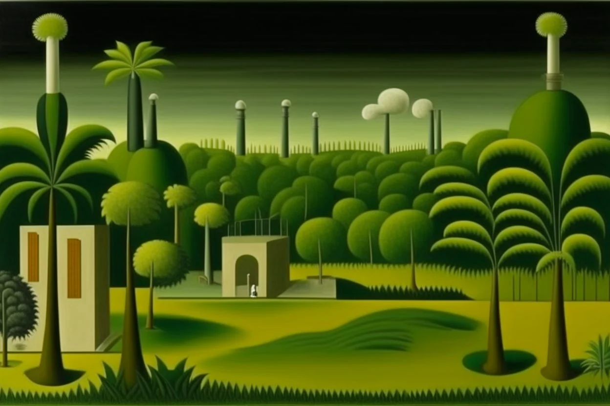 An olive green nuclear facility zone painted by Henri Rousseau