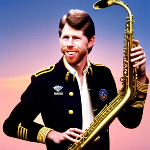 Ron howard from happy days playing saxophone, eyes closed, letter jacket