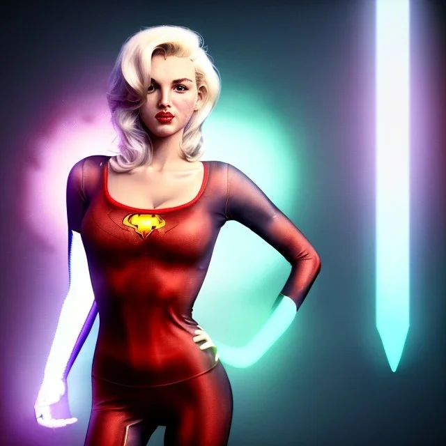 Realistic image classic superhero portrait, waist up view, blonde woman, sweet Marylin Monroe face, perfect iris, glow eyes. tight lycra tights suit, epic style, vibrant color, highly detailed, unreal engine 5, ray tracing, RTX, lumen lighting, ultra detail, volumetric lighting, 3d, finely drawn, high definition, high resolution.