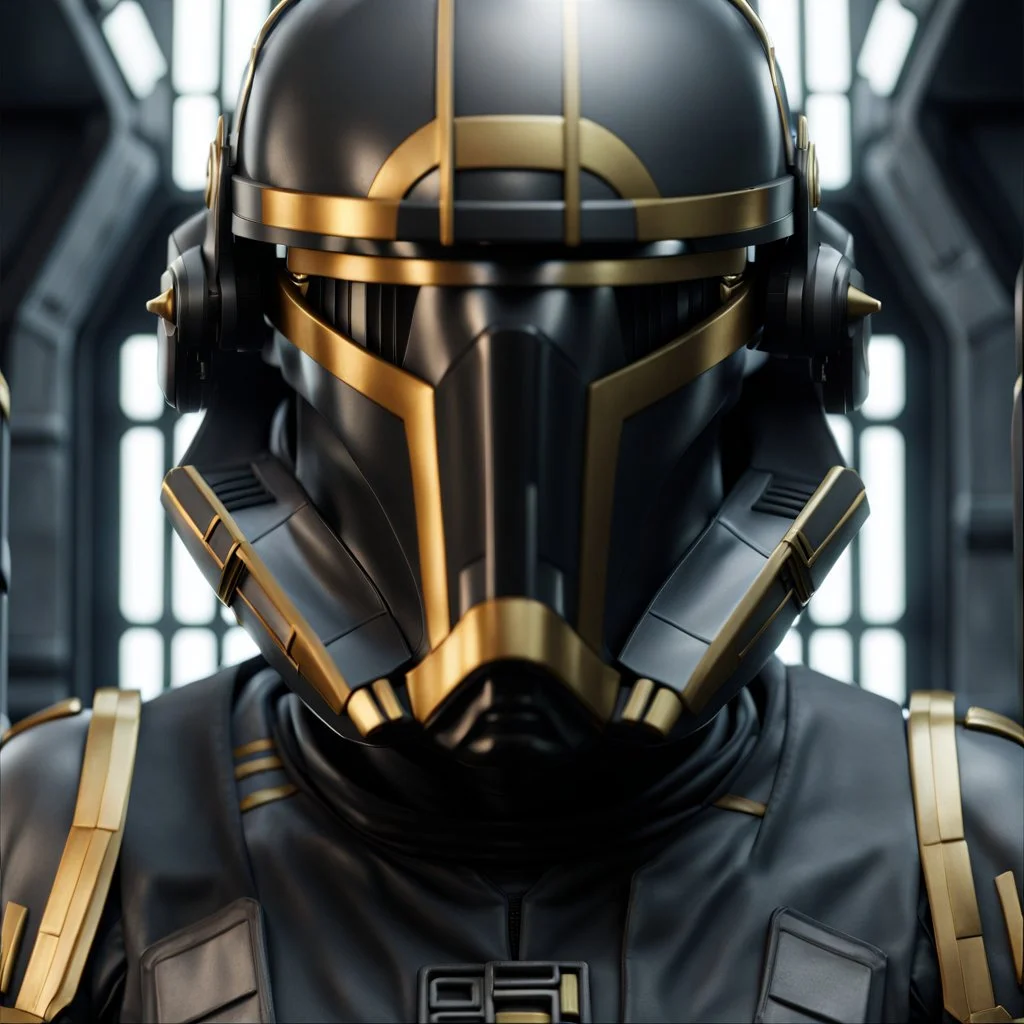 star wars bald male corellian pilot wearing pearlescent black and gunmetal grey First Order special forces heavy assault armor and helmet with gold trim inside the jedi temple, centered portrait, hyperdetailed, dynamic lighting, hyperdetailed background, 8k resolution, volumetric lighting, light skin, fully symmetric details