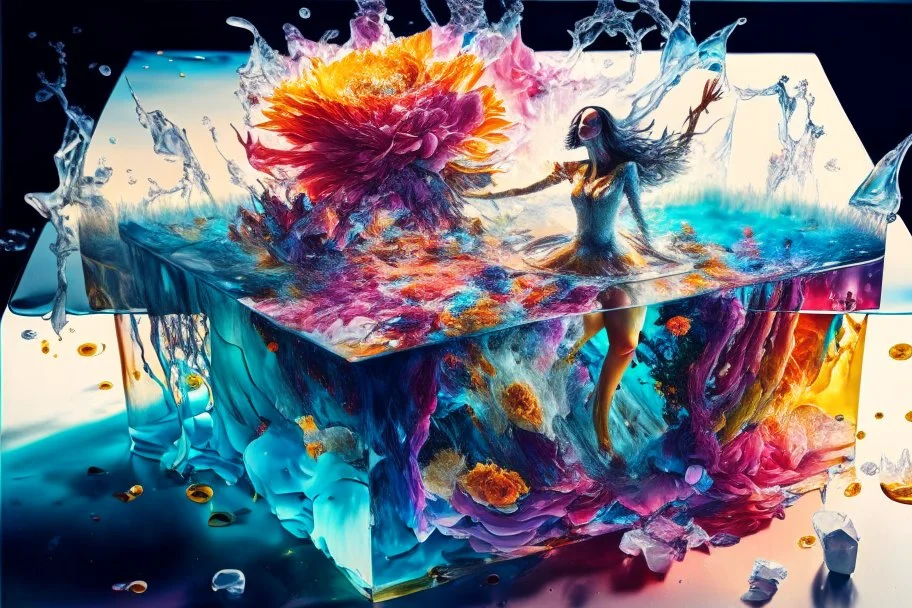 Image capturing the fantastical scene you described, with a central female figure surrounded by an explosion of floral and fluid elements, mixing hyperrealism with a touch of surrealism. The vibrant colors and dynamic movement create an immersive and energetic composition. Image is inside an ice cube on a coffee table.