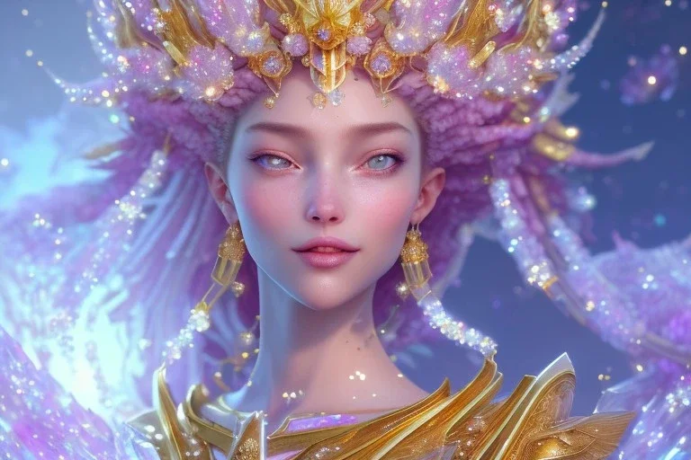 very beautiful crystal and gold goddess in a galactic ambiance, nice smiling, transparent petals, delicate colors, full of details, smooth, bright sunshine，soft light atmosphere, light effect，vaporwave colorful, concept art, smooth, extremely sharp detail, finely tuned detail, ultra high definition, 8 k, unreal engine 5, ultra sharp focus