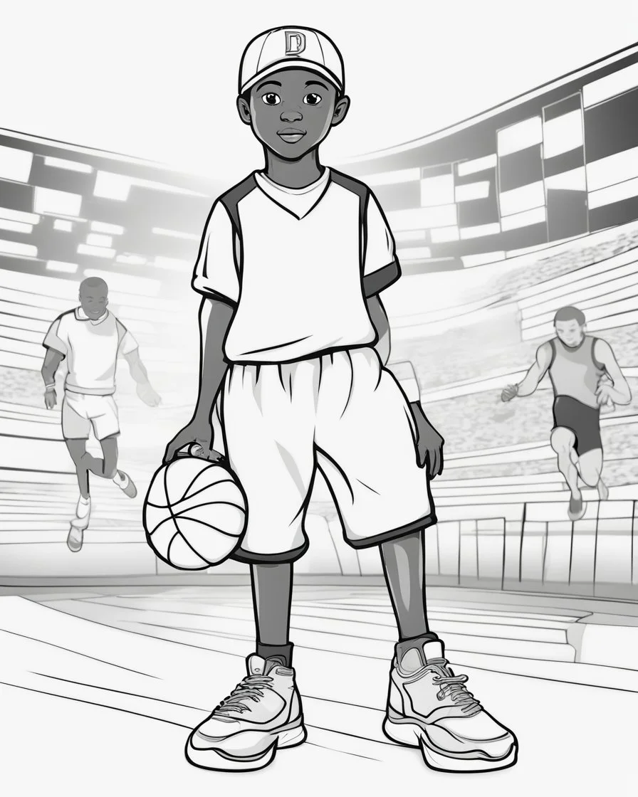 coloring page, depicting a black kid as an Athlete, full body, outline, black and white, highly defined, white background, empty background, cartoon style, coloring book style