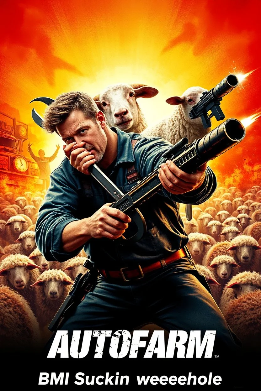 "Design a 90s-style action movie poster titled 'AUTOfarm.' Feature a heroic mechanic in the foreground, fiercely battling thousands of adversaries with a spanner. In the background, include a determined sheep wielding a machine gun. Capture the high-energy, gritty aesthetic of classic 90s action films, with intense and dynamic elements. Prominently display the subtitle ' BMI Suckin weeweehole' in bold, impactful lettering."