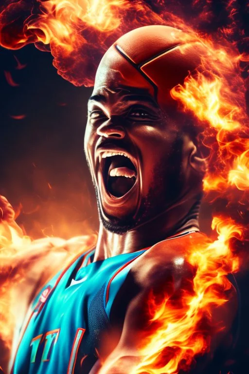 8k, highly realistic and detailed image of a NBA basketball player in action dunking the ball in the net, sweaty hair, screaming look,action and smoke and flames background