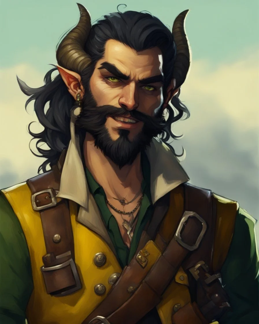 fantasy demon tiefling horned, small ram horns, pale skin, gray skin, rogue scoundrel happy go lucky, cheeky smirk, winking, gunslinger pirate pistol, pirate gear, yellow shining cat eyes, black neck length hair, short black beard, green jacket, leather ammo belt, braided goatee