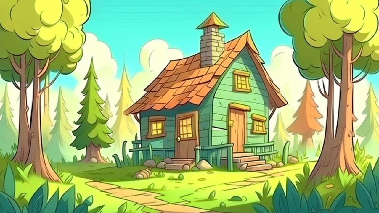 Cartoon style: at the end of the forest, far away on the horizon a small wooden house